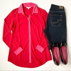 Charming Charlie Red Pink Polyester Long Sleeve Collar Shirt Size Small